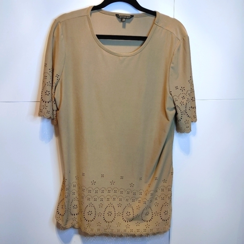 Boho Eyelet Tunic Top Medium Tan Scalloped Hem Soft Stretch Short Sleeve - Picture 3 of 9